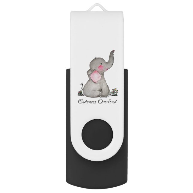 Watercolor Cute Baby Elephant With Blush & Flowers Flash Drive (Front Vertical)