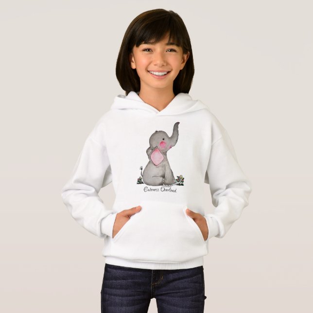Watercolor Cute Baby Elephant With Blush & Flowers Hoodie (Front Full)