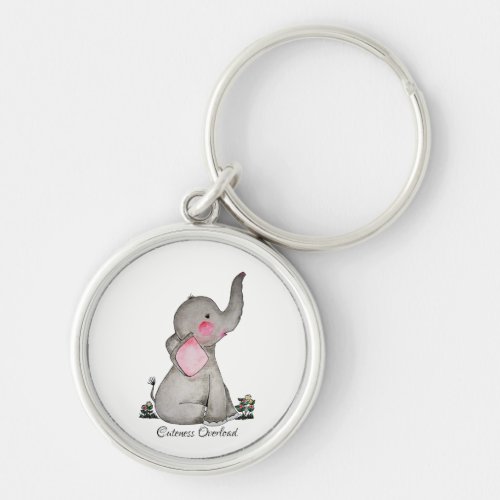 Watercolor Cute Baby Elephant With Blush  Flowers Keychain