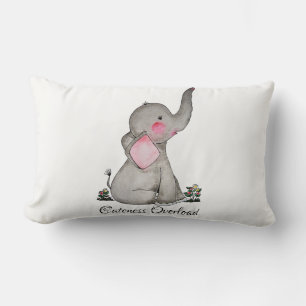 Watercolor Cute Baby Elephant With Blush & Flowers Lumbar Pillow
