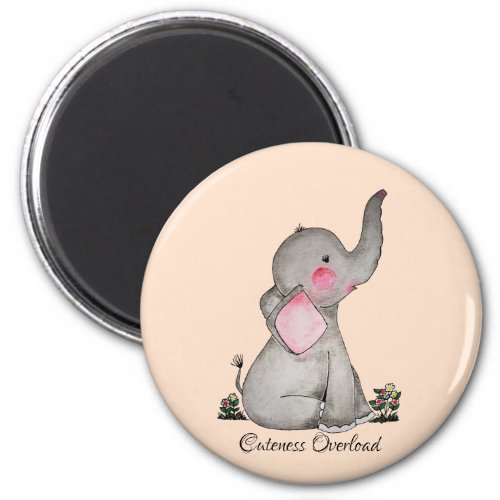 Watercolor Cute Baby Elephant With Blush  Flowers Magnet