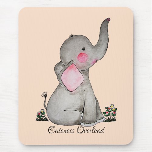 Watercolor Cute Baby Elephant With Blush  Flowers Mouse Pad