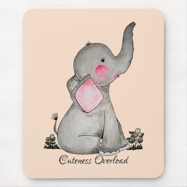 Watercolor Cute Baby Elephant With Blush & Flowers Mouse Pad (Front)