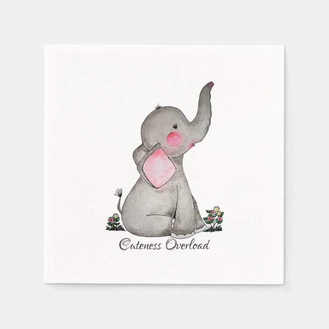 Watercolor Cute Baby Elephant With Blush & Flowers Napkins (Front)