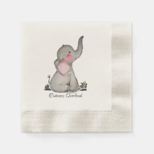 Watercolor Cute Baby Elephant With Blush & Flowers Napkins
