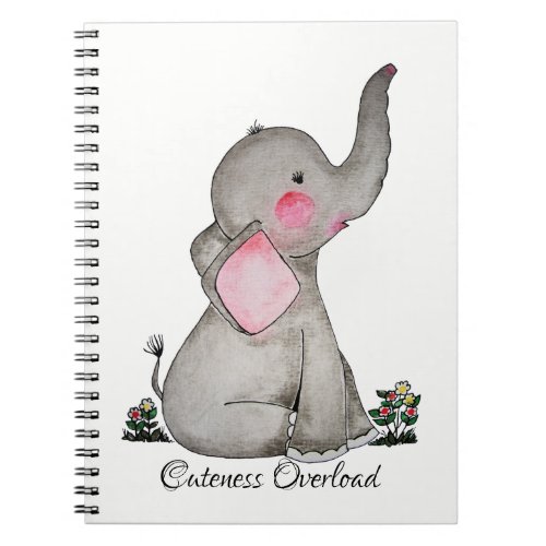 Watercolor Cute Baby Elephant With Blush  Flowers Notebook