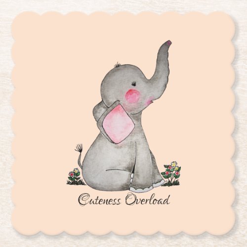 Watercolor Cute Baby Elephant With Blush  Flowers Paper Coaster