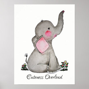 Watercolor Cute Baby Elephant With Blush & flowers Poster