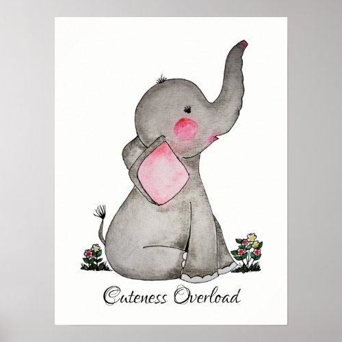 Watercolor Cute Baby Elephant With Blush  flowers Poster