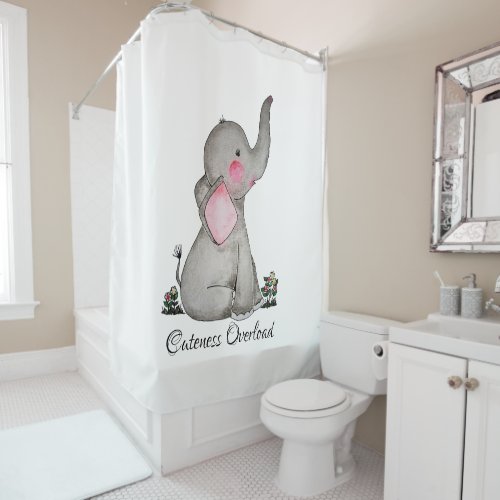 Watercolor Cute Baby Elephant With Blush  Flowers Shower Curtain