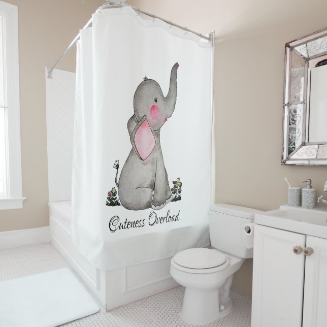 Watercolor Cute Baby Elephant With Blush & Flowers Shower Curtain (In Situ)