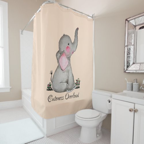 Watercolor Cute Baby Elephant With Blush  Flowers Shower Curtain