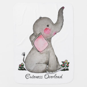Watercolor Cute Baby Elephant With Blush & Flowers Stroller Blanket