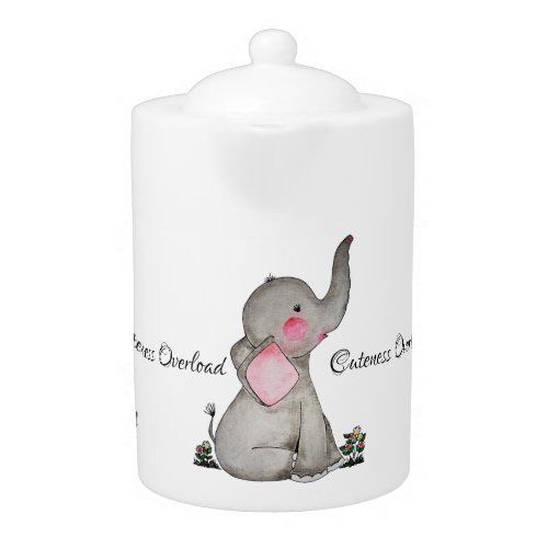 Watercolor Cute Baby Elephant With Blush  Flowers Teapot