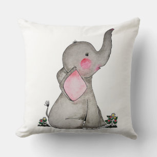 Watercolor Cute Baby Elephant With Blush & Flowers Throw Pillow