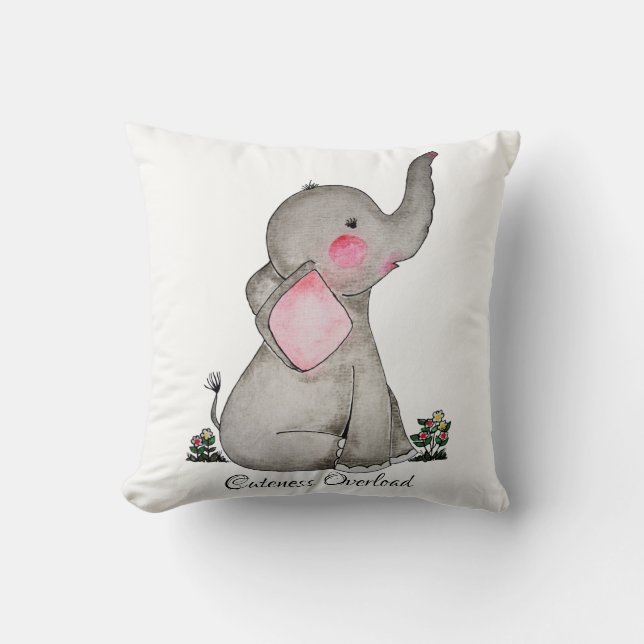 Watercolor Cute Baby Elephant With Blush & Flowers Throw Pillow (Front)