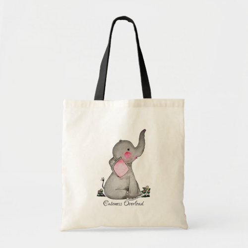 Watercolor Cute Baby Elephant With Blush  Flowers Tote Bag