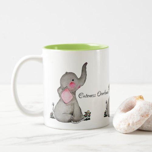 Watercolor Cute Baby Elephant With Blush  flowers Two_Tone Coffee Mug