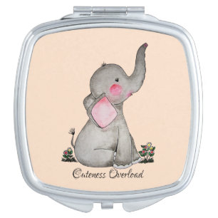 Watercolor Cute Baby Elephant With Blush & Flowers Vanity Mirror