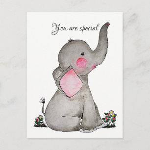 Watercolor Cute Baby Elephant With Tiny Flowers Postcard