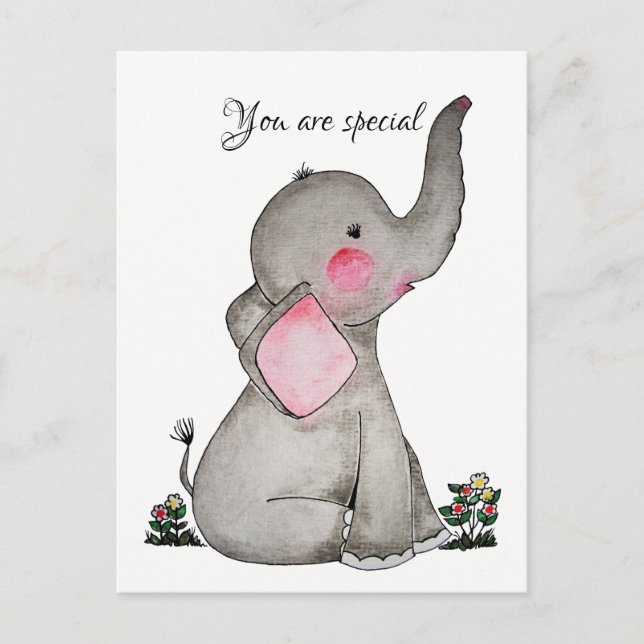 Watercolor Cute Baby Elephant With Tiny Flowers Postcard (Front)