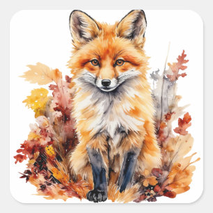 Watercolor Cute Baby Fox and colorful Leaves Square Sticker