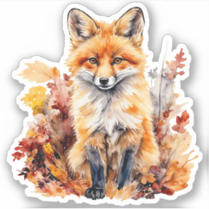 Watercolor Cute Baby Fox and colorful Leaves Sticker