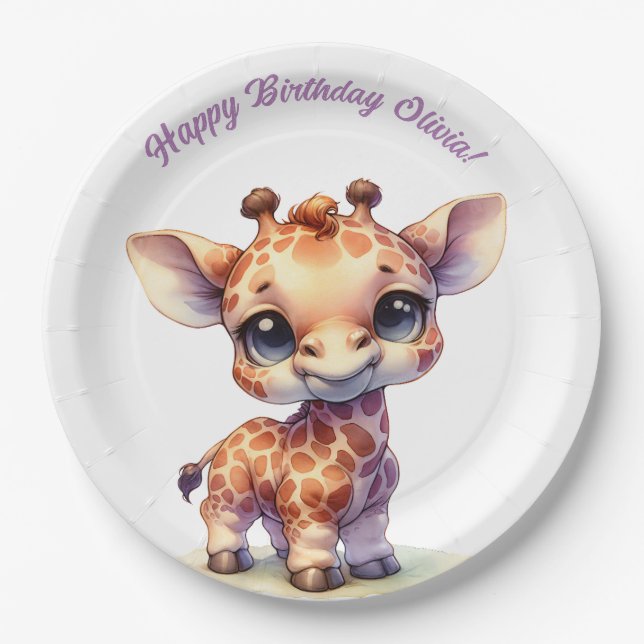 Watercolor cute baby giraffe paper plates (Front)
