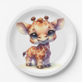 Watercolor cute baby giraffe paper plates