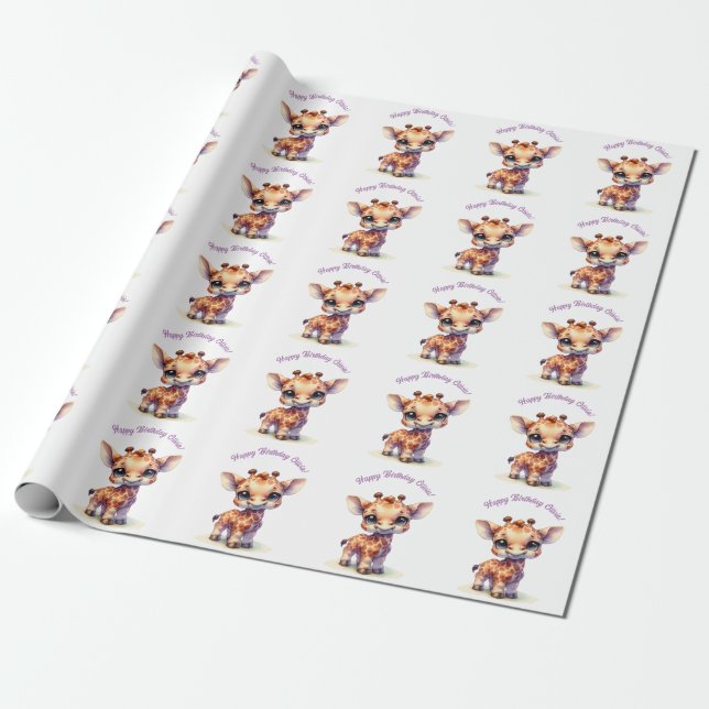 Watercolor cute baby giraffe wrapping paper (Unrolled)
