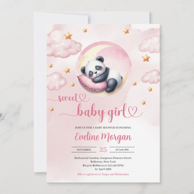 Watercolor cute baby panda girl baby shower invitation (Front)