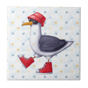 Watercolor Cute Beach Seagull Cartoon Bird Nature  Ceramic Tile