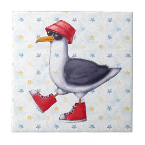 Watercolor Cute Beach Seagull Cartoon Bird Nature  Ceramic Tile