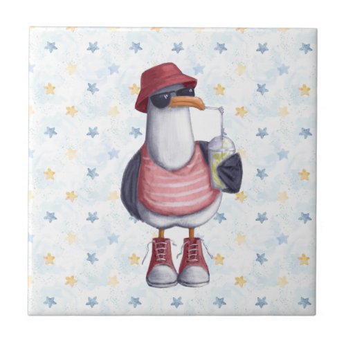 Watercolor Cute Beach Seagull Cartoon Bird Nature Ceramic Tile