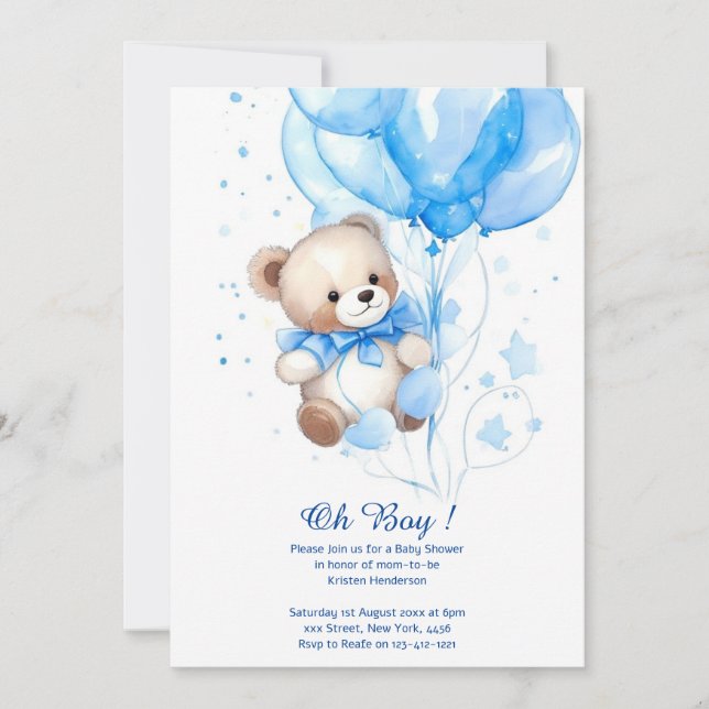 Watercolor Cute Bear Boy Baby Shower Invitation (Front)