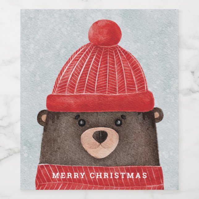 Watercolor cute bear. Christmas woodland animal Wine Label (Single Label)