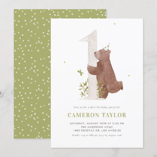 Watercolor Cute Bear Woodland First Birthday Party Invitation