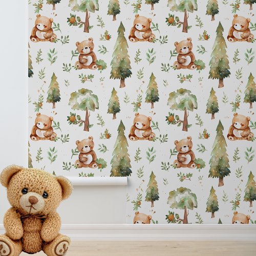 Watercolor cute Bears Woodland Forest  Wallpaper