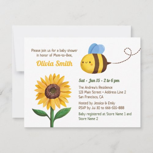 Watercolor Cute Bee And Sunflower Baby Shower Invitation