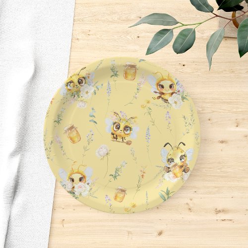 Watercolor Cute Bee Wildflowers Baby Shower Paper Plates