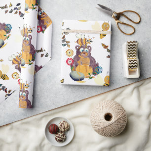 Watercolor Cute Bees Bears Butterflies Wrapping Paper