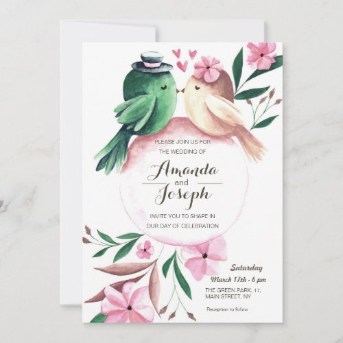 Watercolor Cute birds floral wedding invitation