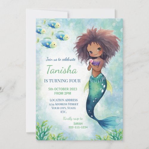 Watercolor Cute Black Mermaid Birthday Invitation