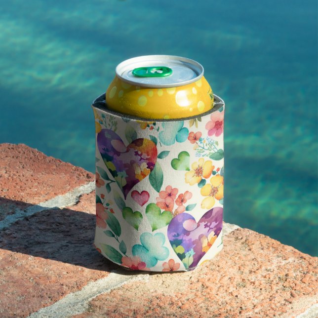 Watercolor cute blossom floral hearts pattern can cooler (In Situ Pool)