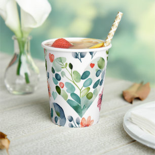 Watercolor cute blossom floral hearts pattern paper cups