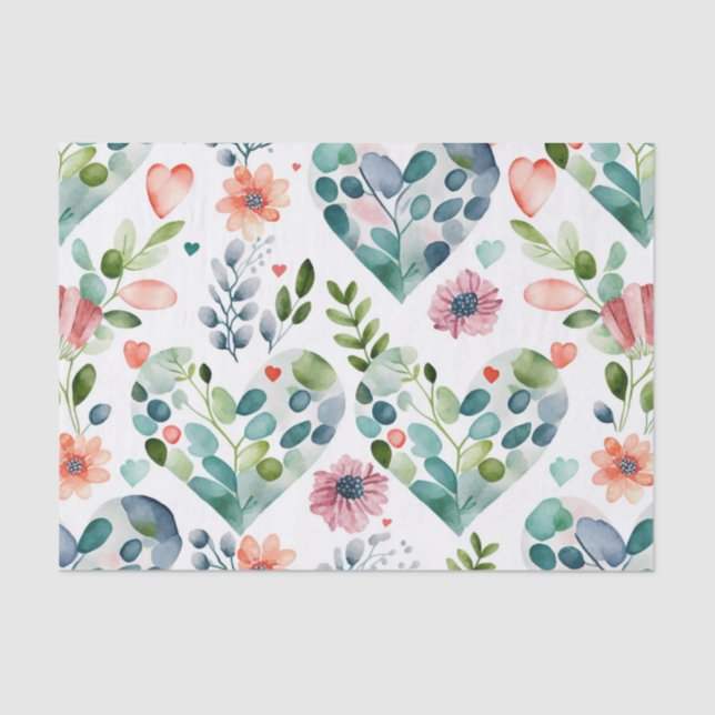 Watercolor cute blossom floral hearts pattern tissue paper (Front)