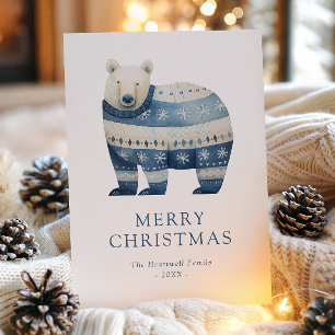 Watercolor Cute Blue Polar Bear Holiday Card