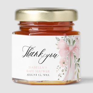 Watercolor Cute Blush Pink Bow Floral Baby Shower Honey Jar Favors
