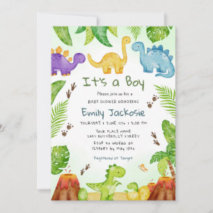 Watercolor Cute Boho Dinosaur Greenery Boy Baby Invitation