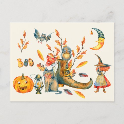 Watercolor Cute Boo Happy Halloween Gathering  Postcard